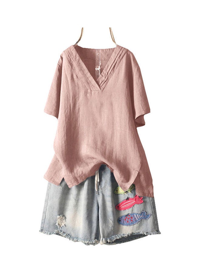 Solid Short Sleeves V-Neck Blouse Pink