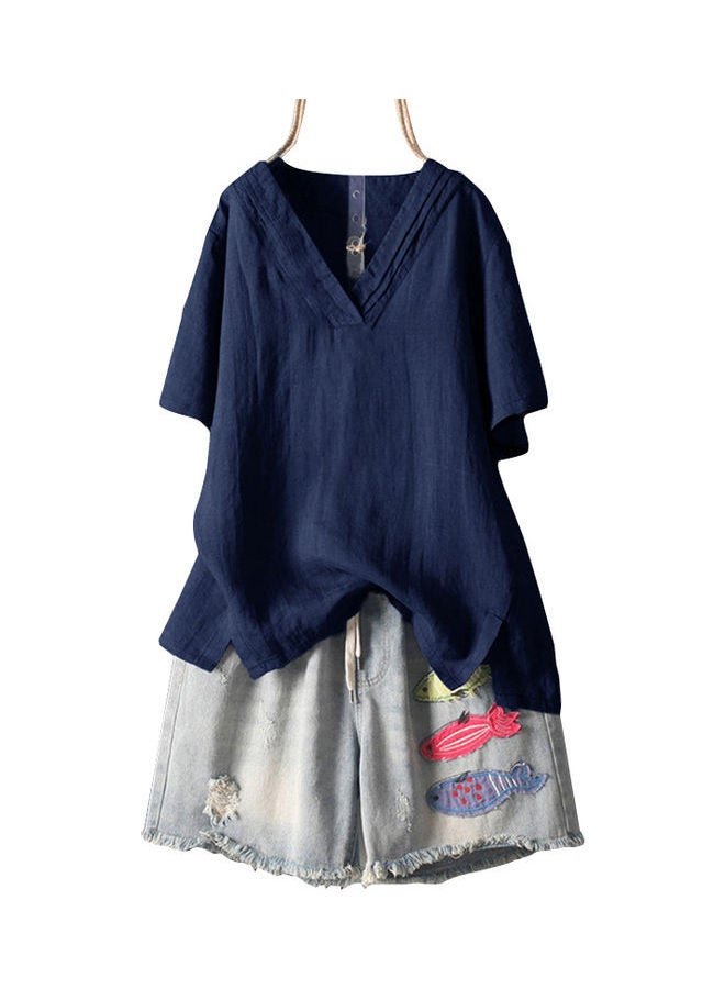 Solid Short Sleeves V-Neck Blouse Blue