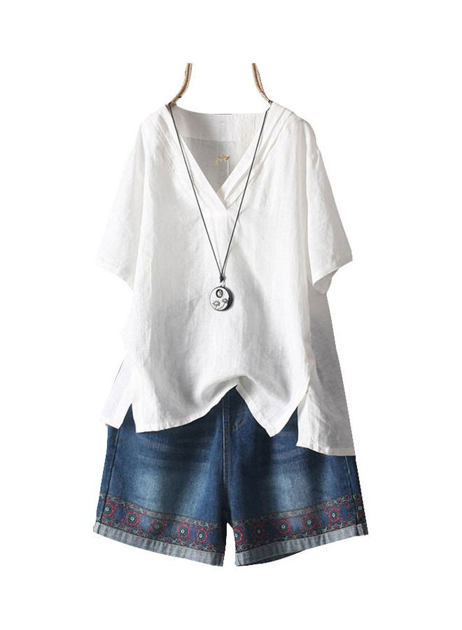 Solid Short Sleeves V-Neck Blouse White