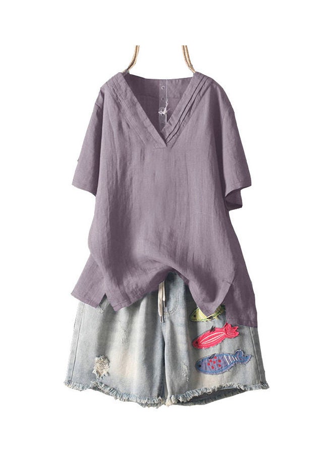 Solid Short Sleeves V-Neck Blouse Purple