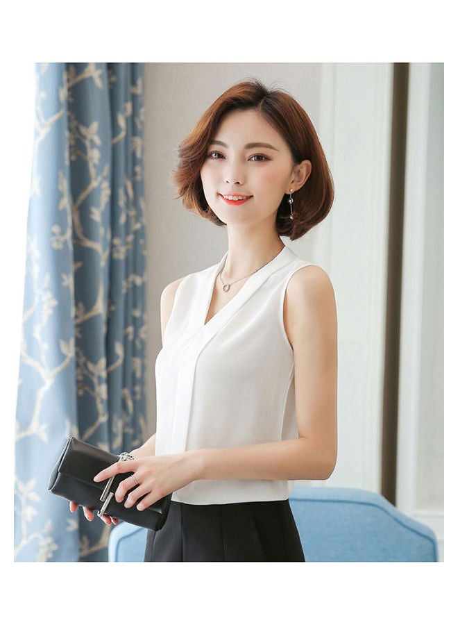 Solid Sleeveless V-Neck Blouse White - Image 2