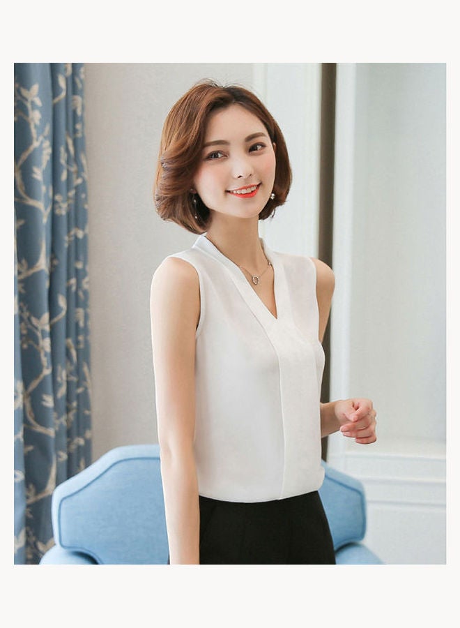 Solid Sleeveless V-Neck Blouse White - Image 3