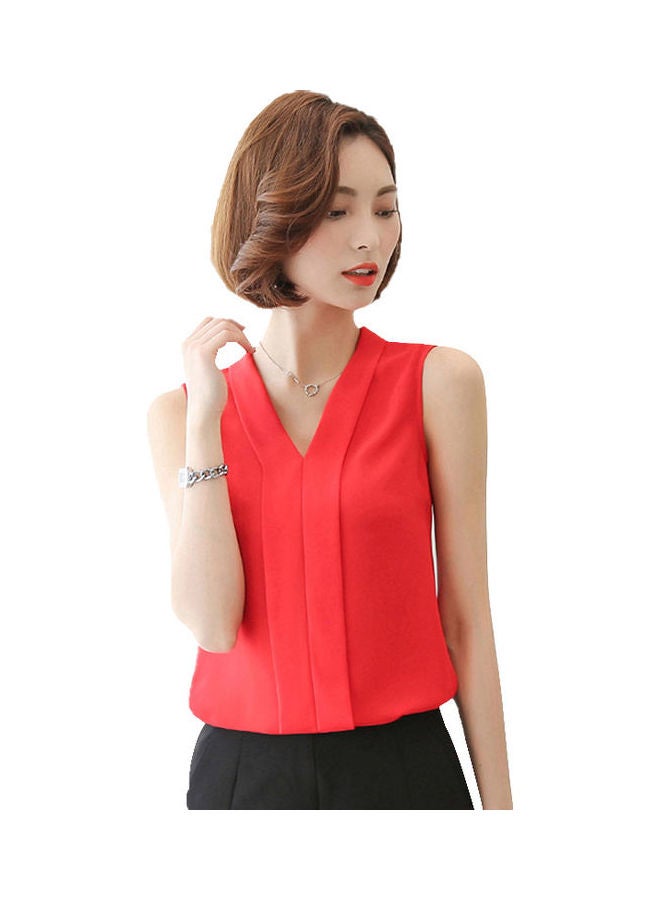 Solid Sleeveless V-Neck Blouse Red - Image 1