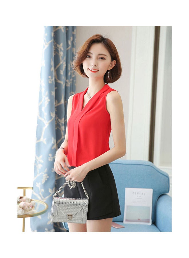 Solid Sleeveless V-Neck Blouse Red - Image 2