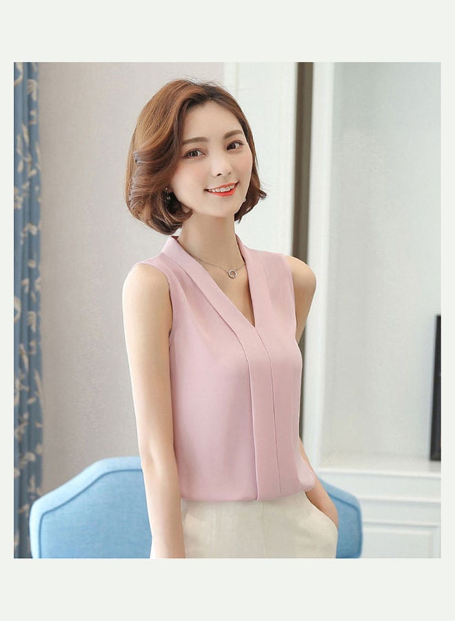 Solid Sleeveless V-Neck Blouse Pink - Image 3