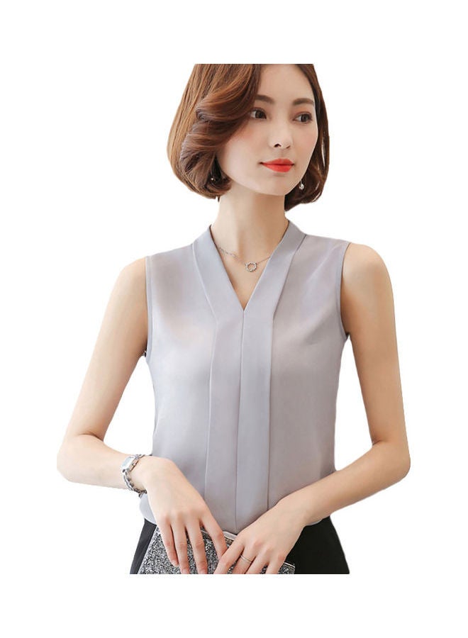 Solid Sleeveless V-Neck Blouse Grey