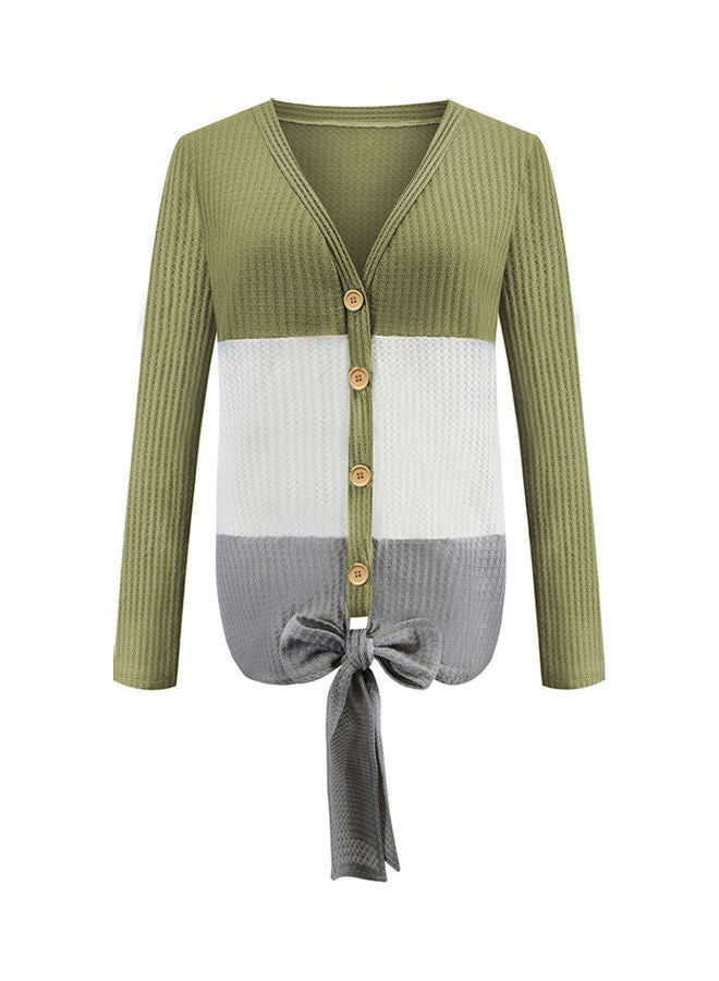 Knitted Button Cardigan Army Green/White/Grey - Image 1