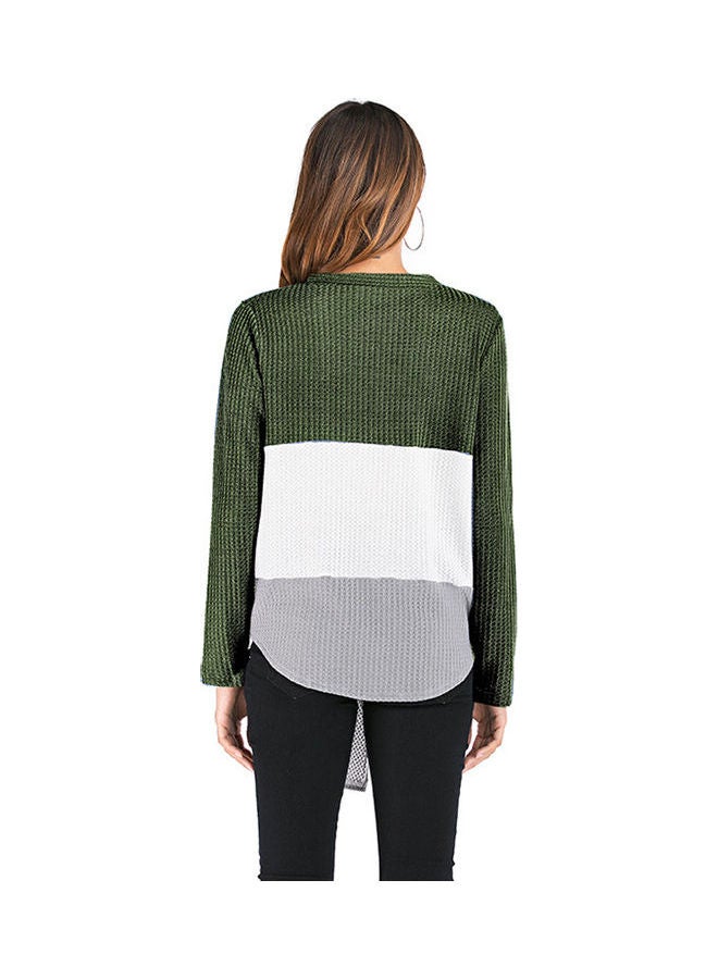 Knitted Button Cardigan Army Green/White/Grey - Image 2