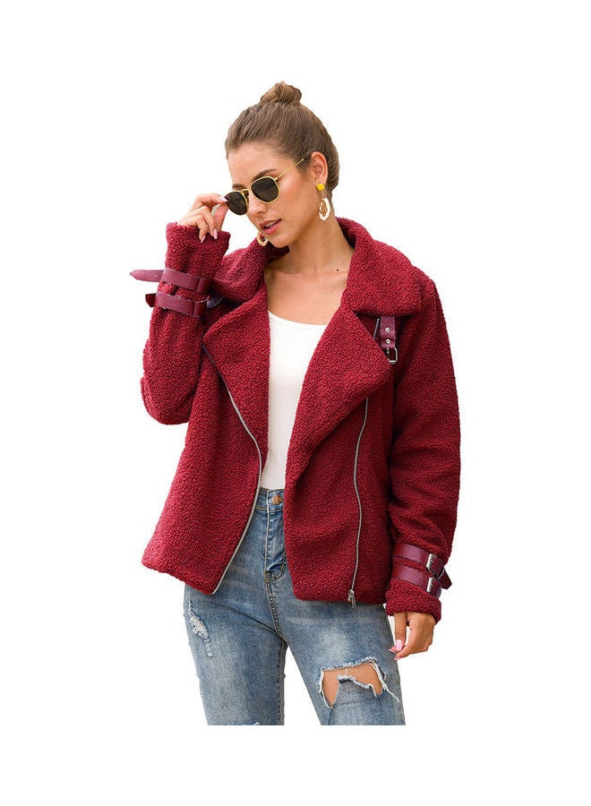 معطف سادة بسحاب أحمر برغندي - Image 1