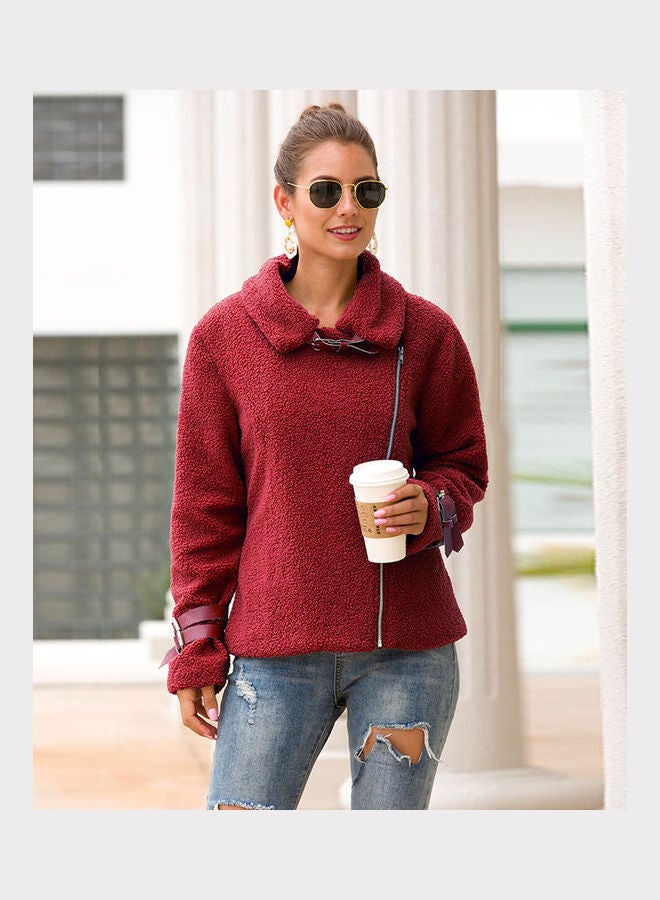 معطف سادة بسحاب أحمر برغندي - Image 2