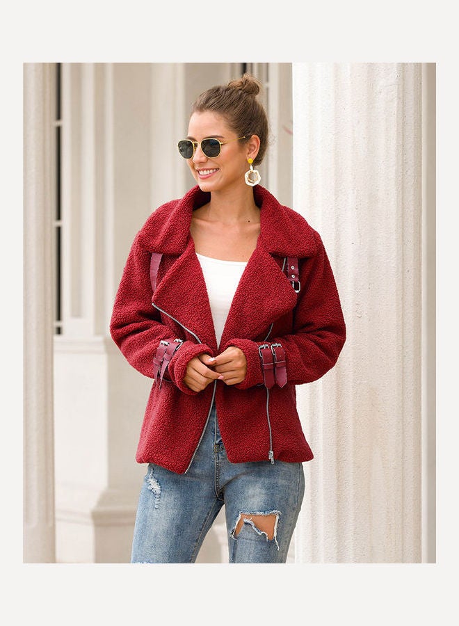 معطف سادة بسحاب أحمر برغندي - Image 3