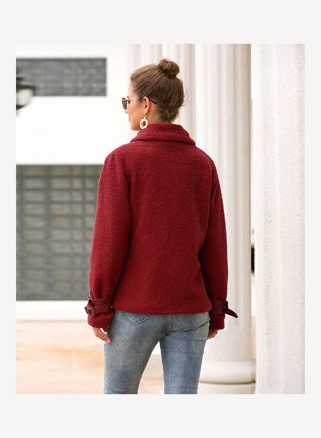 معطف سادة بسحاب أحمر برغندي - Image 4