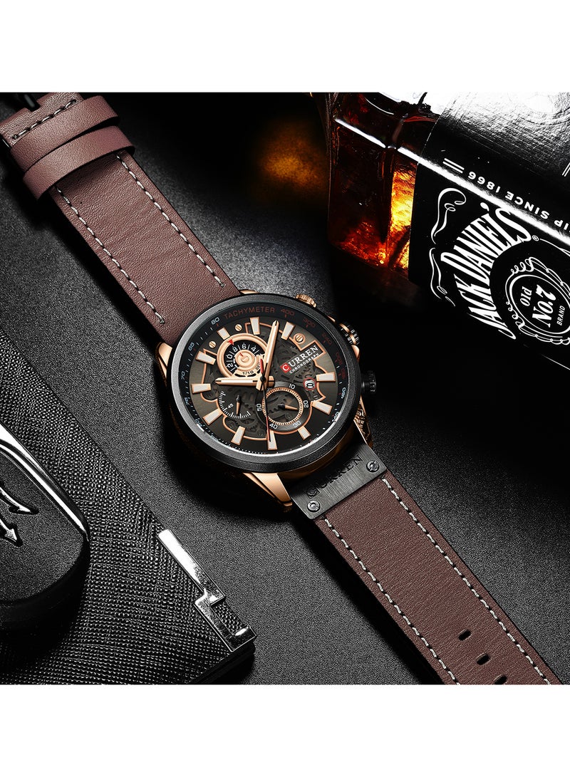 كارين ساعة جينيون كرونوغراف كوارتز مقاومة للماء بسوار من الجلد 8380 - 48 ملم - بني للرجال - Image 3