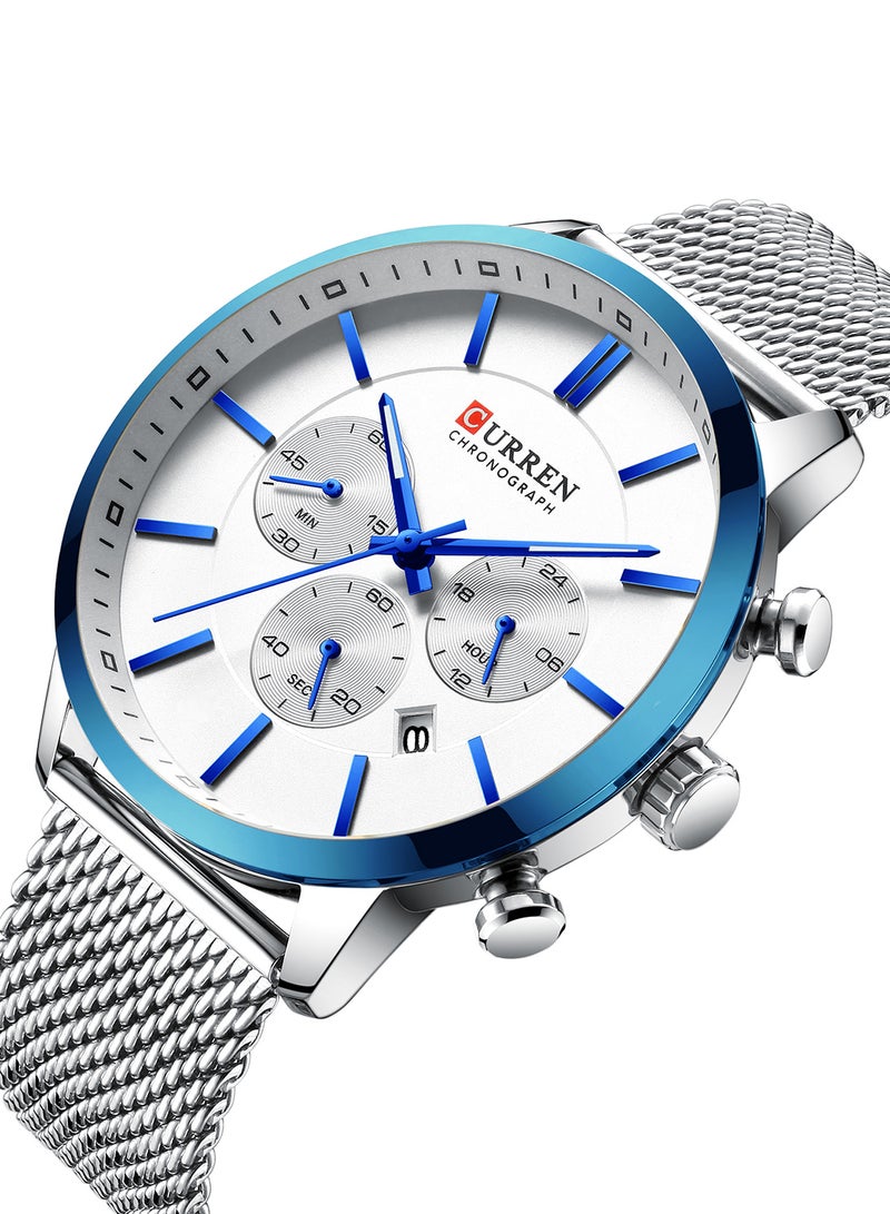 كارين ساعة يد كوارتز كاجوال كرونوغراف مقاومة للماء بسوار من الستانلس ستيل وسوار شبكي طراز 8340 - مقاس 48 مم - لون فضي للرجال - Image 2