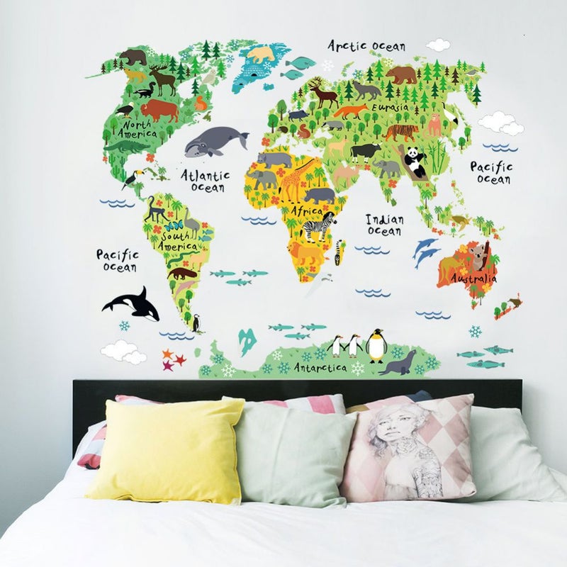 Animal World Map Wall Sticker Multicolor 90x60cm