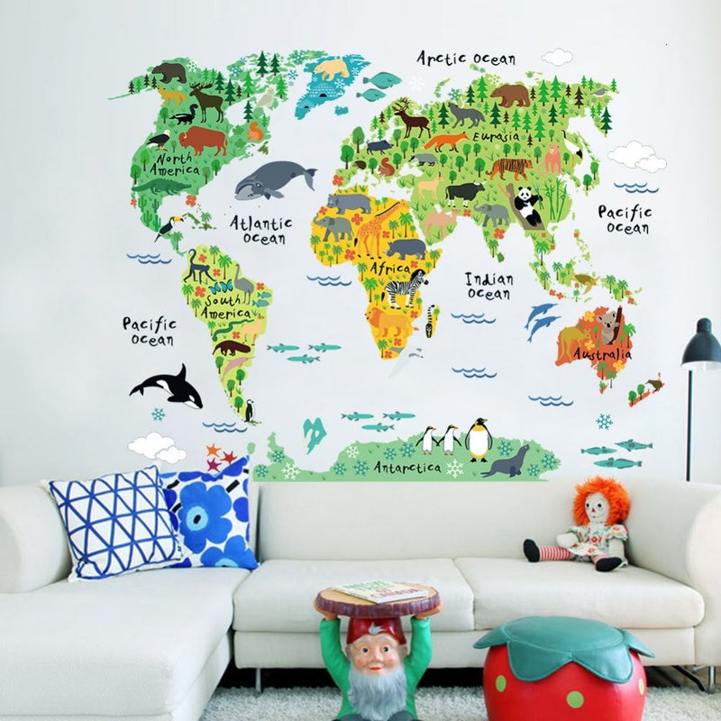 Animal World Map Wall Sticker Multicolor 90x60cm