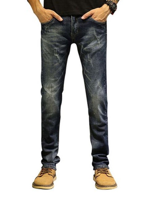 Elastic Straight Scratched Zipper Closure Denim Jeans Dark Blue