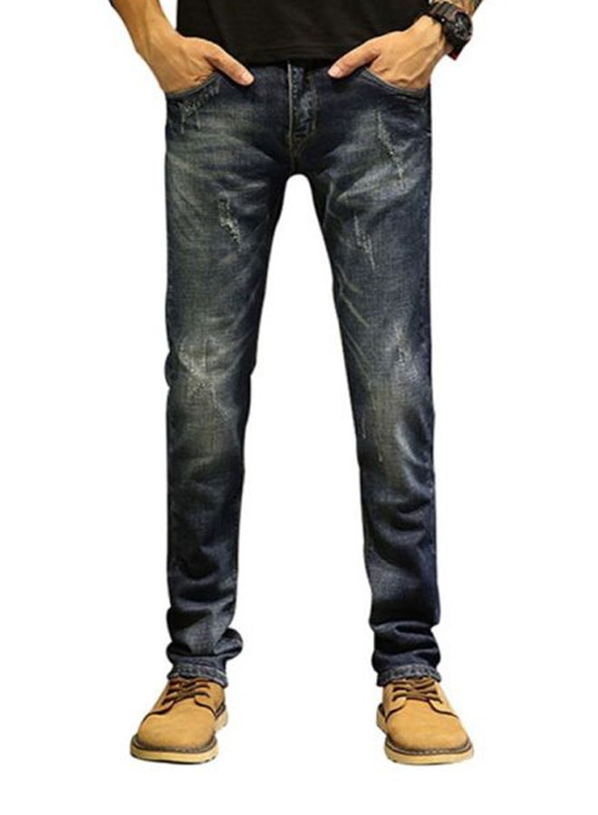 Sharpdo Elastic Straight Scratched Zipper Closure Denim Jeans Dark Blue  - Image 1