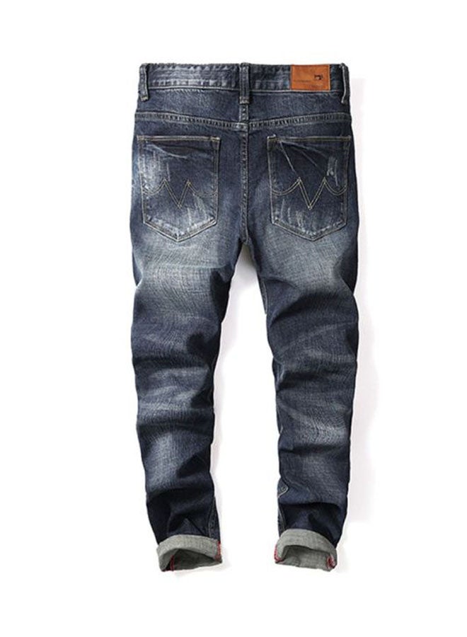 Sharpdo Elastic Straight Scratched Zipper Closure Denim Jeans Dark Blue  - Image 2