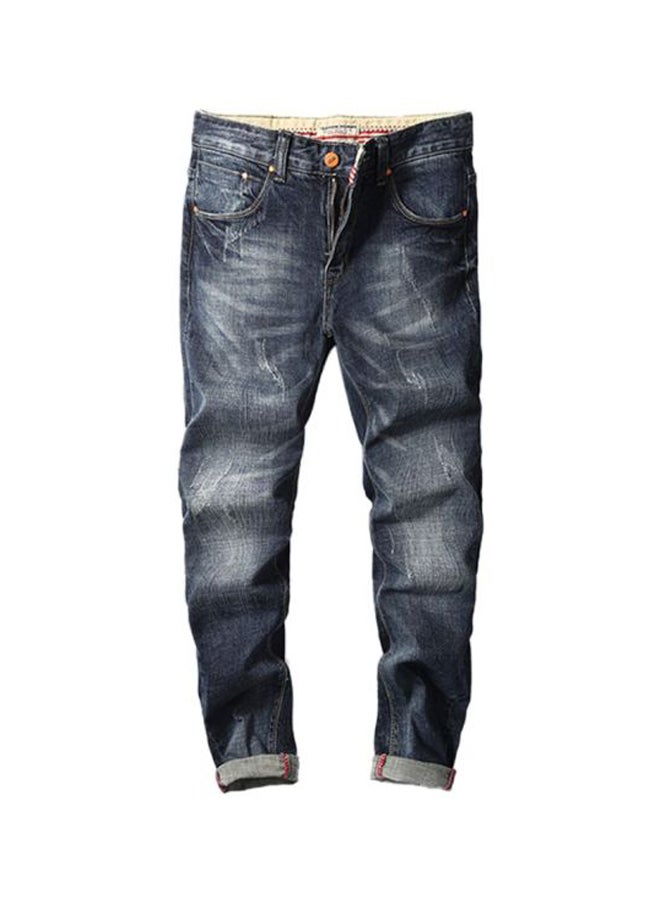Sharpdo Elastic Straight Scratched Zipper Closure Denim Jeans Dark Blue  - Image 3
