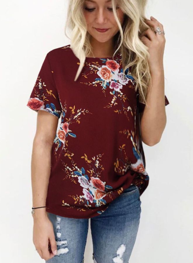 شاربدو بلوزة بوليستر مزينة بطبعات أحمر واين/ أخضر/ بني - Image 3