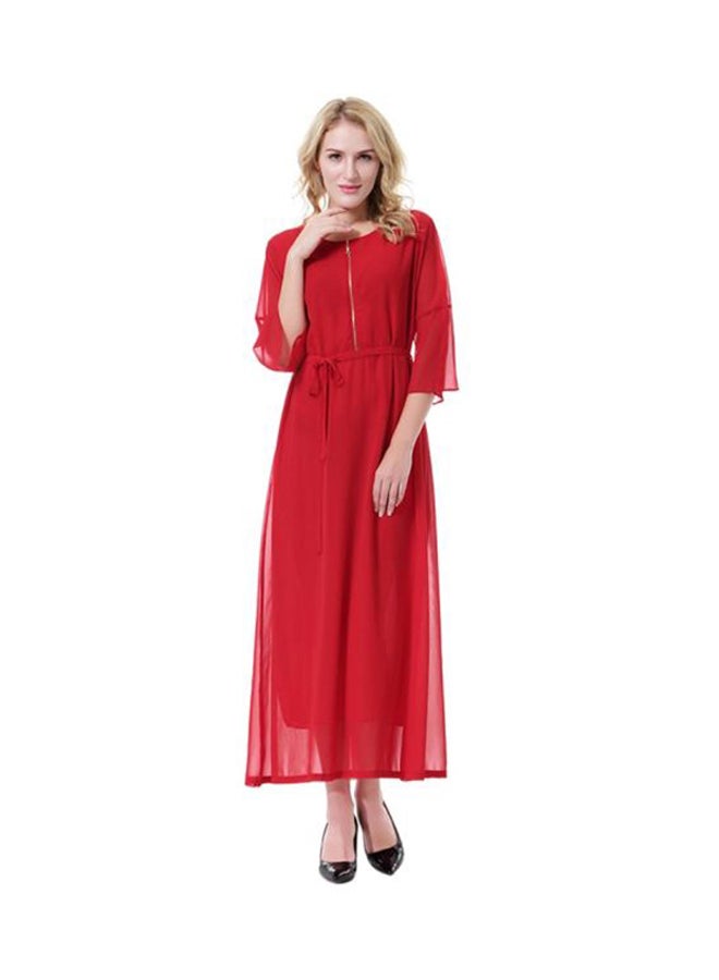 شاربدو فستان شيفون بثلاثة أرباع كم ورقبة مستديرة أحمر - Image 1