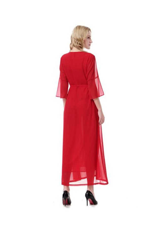 شاربدو فستان شيفون بثلاثة أرباع كم ورقبة مستديرة أحمر - Image 2