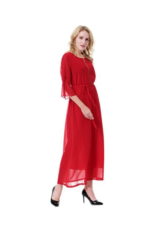شاربدو فستان شيفون بثلاثة أرباع كم ورقبة مستديرة أحمر - Image 3
