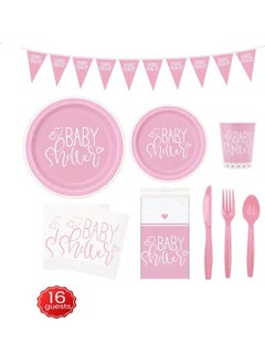 Goldedge 114-Piece Baby Shower Girl Party Pack Tableware Cups Napkin Tissue Straws Plates Set 16 Guest  - Image 1