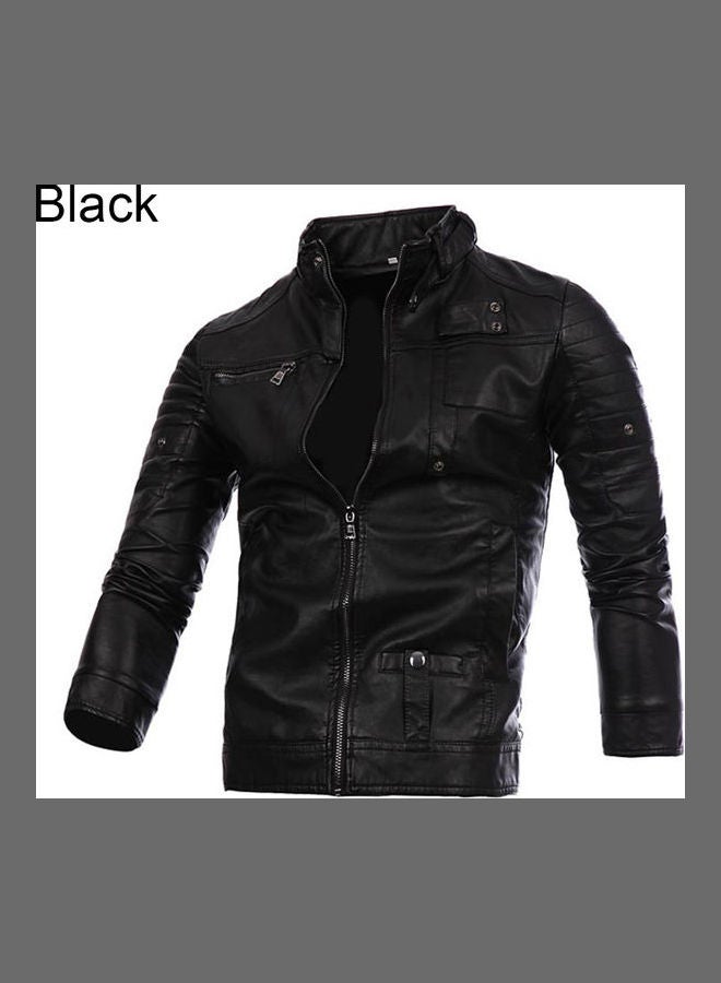 Faux Leather Biker Jacket Black - Image 1