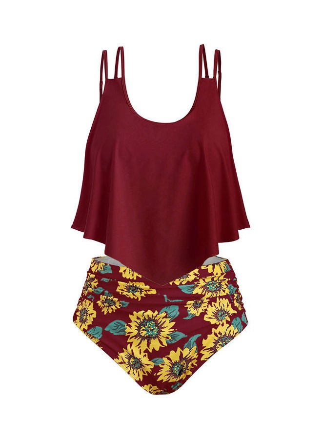 2-Piece Floral Printed Tankini Set Wine Red/Yellow - Image 1