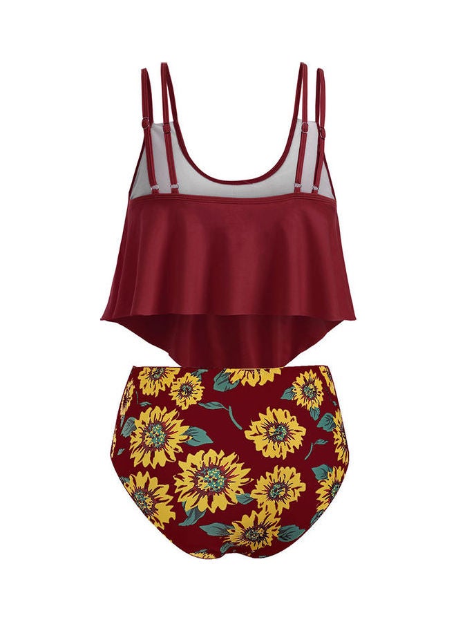 2-Piece Floral Printed Tankini Set Wine Red/Yellow - Image 2