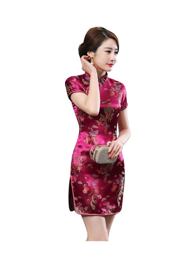 Floral Embroidered Mini Dress Wine Red