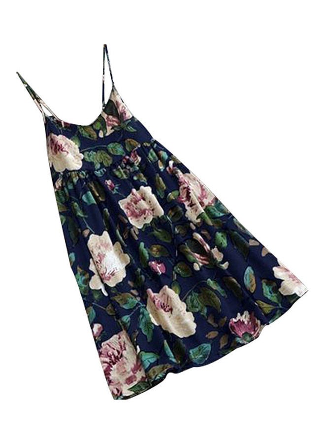 Flower Printed V Neck Spaghetti Mini Dress Navy Blue