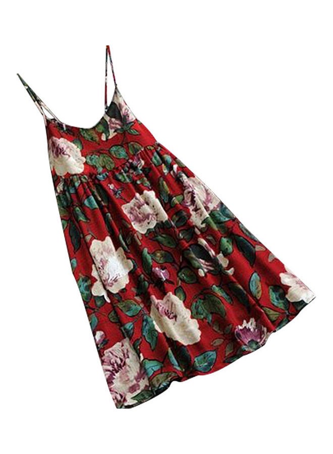 Flower Printed V Neck Spaghetti Mini Dress Red  - Image 1