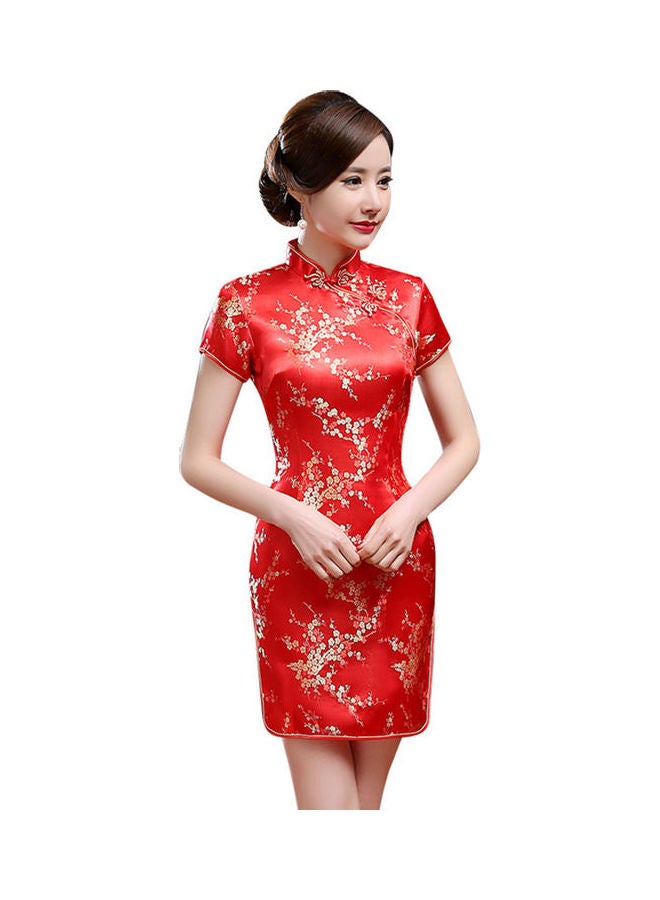 Floral Embroidered Mini Dress Red