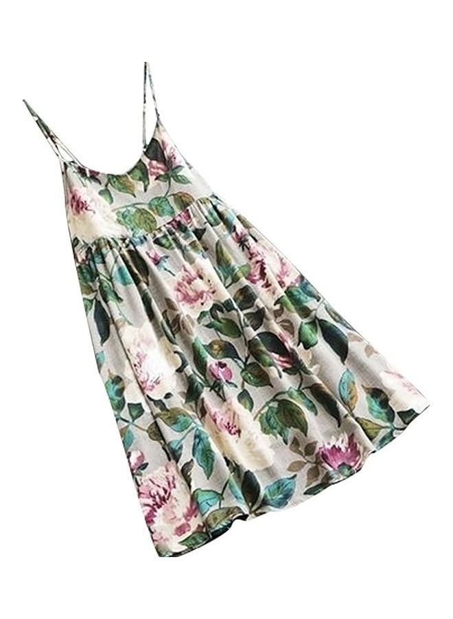 Flower Printed V Neck Spaghetti Mini Dress White - Image 1