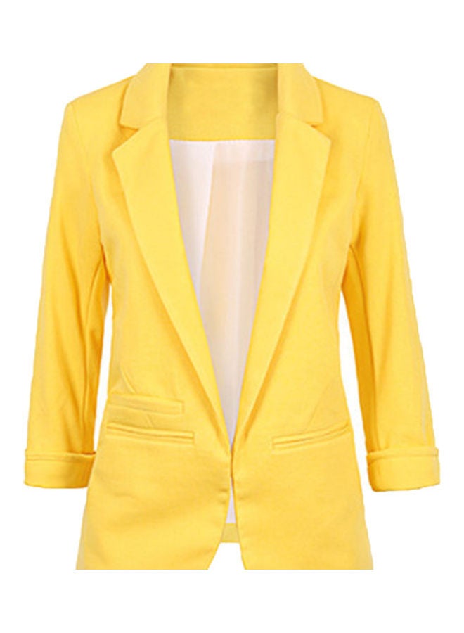 معطف بليزر بتصميم أنيق مزود بجيوب وبطية صدر رفيعة أصفر - Image 1