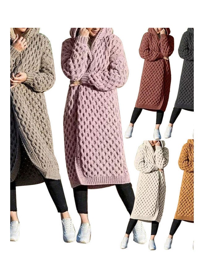 Generic - Thicken Knitted Sweater Cardigan Long Hooded Coat Khaki - Image 1