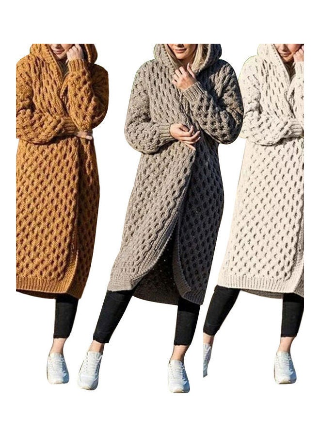 Generic - Thicken Knitted Sweater Cardigan Long Hooded Coat Khaki - Image 1