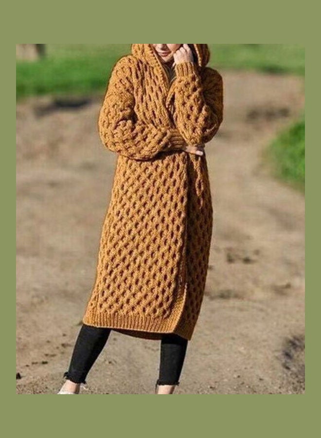 Generic - Thicken Knitted Sweater Cardigan Long Hooded Coat Khaki - Image 1