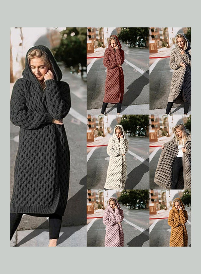 Generic Thicken Knitted Sweater Cardigan Long Hooded Coat Khaki  - Image 1