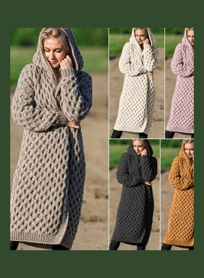 Generic Thicken Knitted Sweater Cardigan Long Hooded Coat Khaki  - Image 2