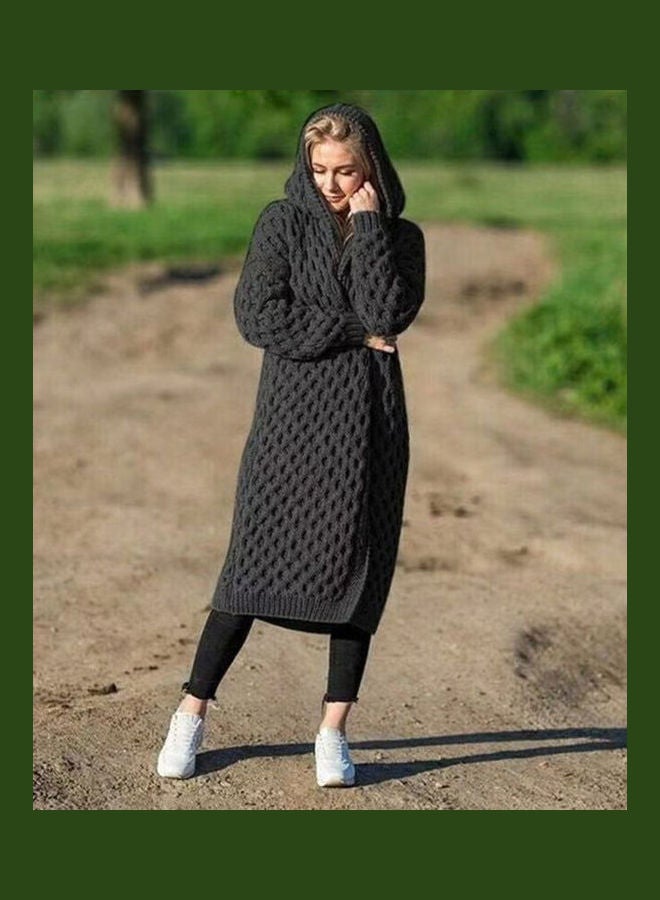 Generic Thicken Knitted Sweater Cardigan Long Hooded Coat Khaki  - Image 5