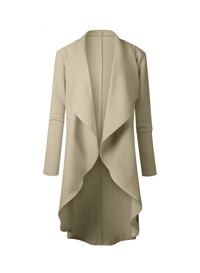 Generic Irregular Hem Open Front Long Sleeve Lapel Outwear Cardigan Khaki 