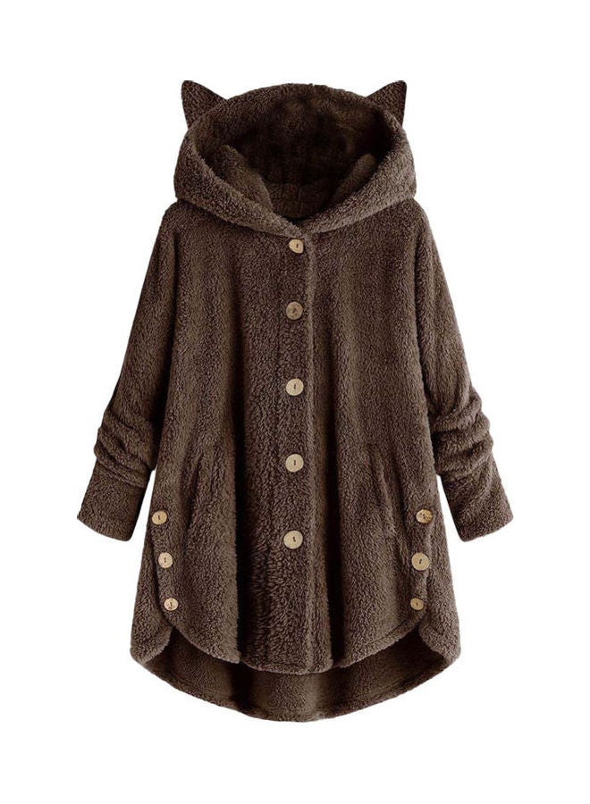 Winter Fleece Cat Ears Hooded Coat Buttons Jacket Coffee  - Image 1