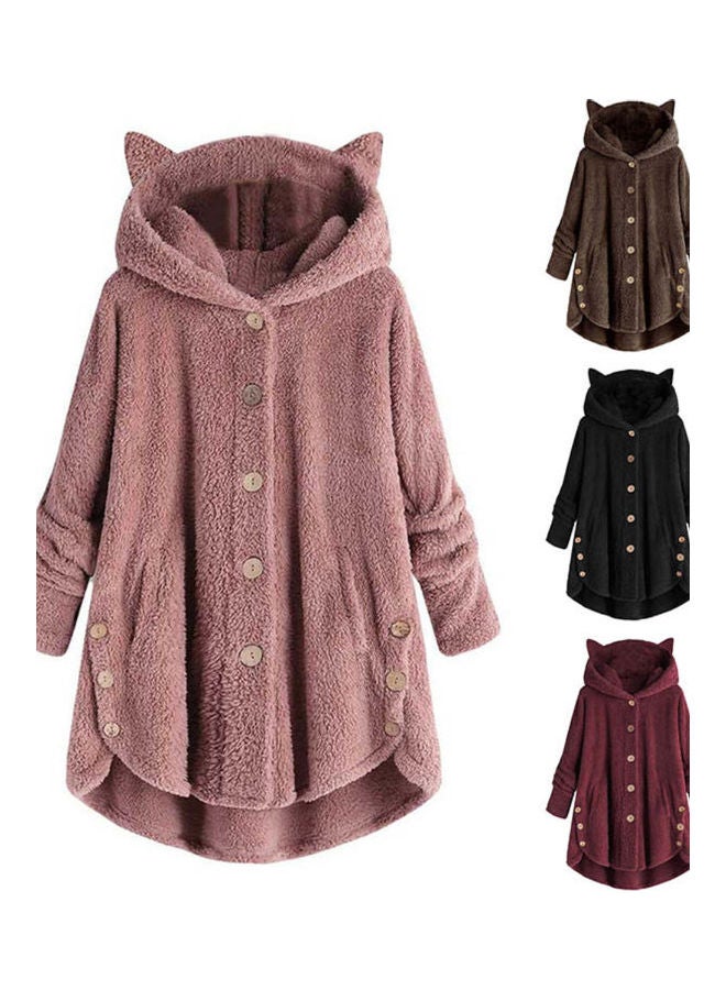 Winter Fleece Cat Ears Hooded Coat Buttons Jacket Coffee  - Image 2