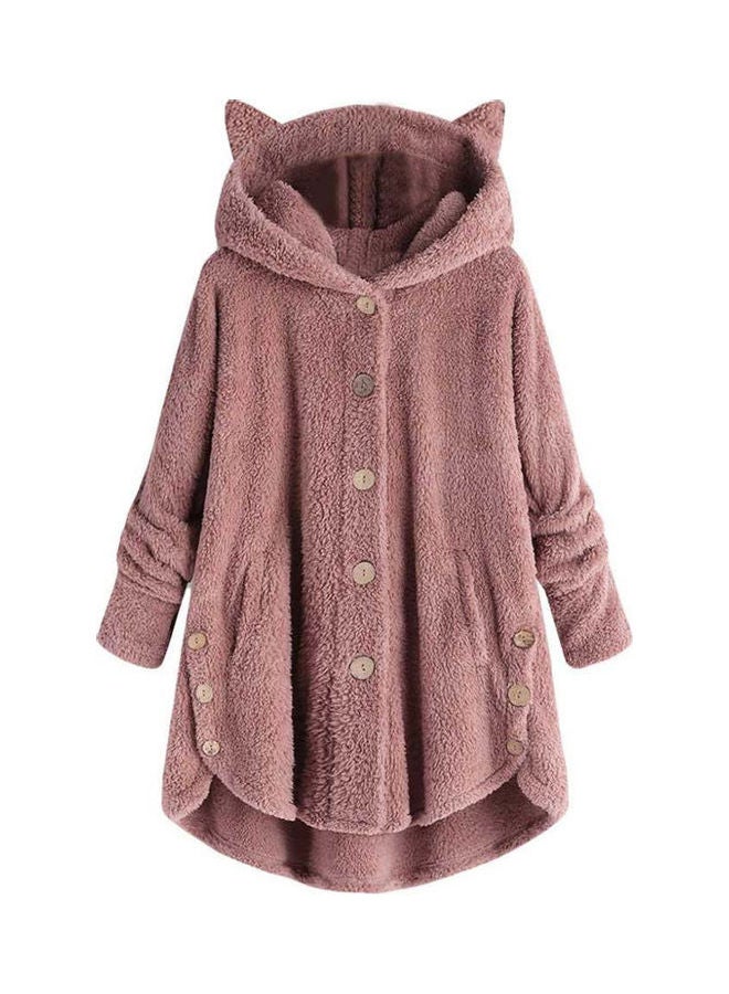 Winter Fleece Cat Ears Hooded Coat Buttons Jacket Pink - Image 1