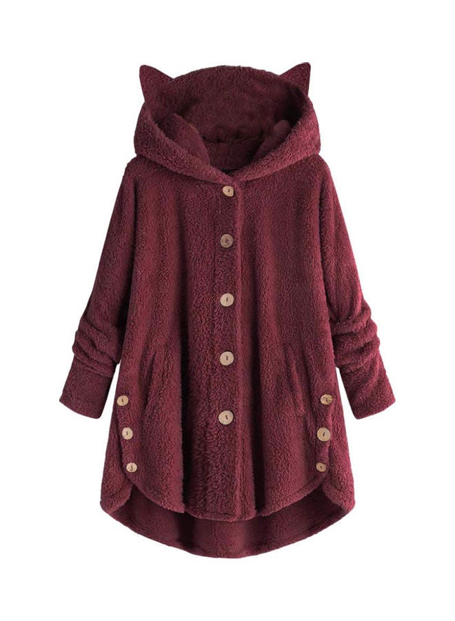 Generic - Winter Fleece Cat Ears Hooded Coat Buttons Jacket Red - Image 1