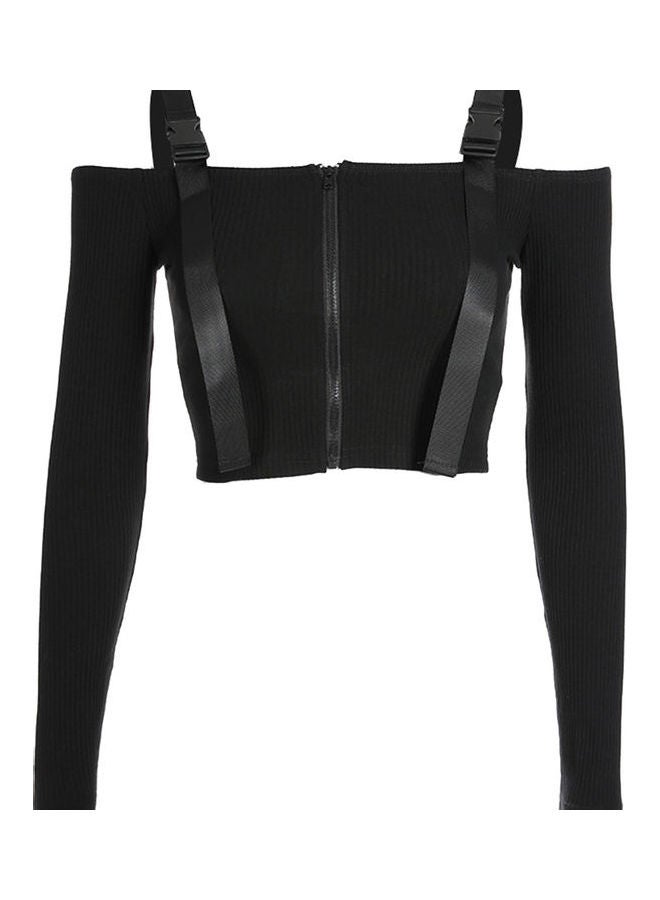 Off Shoulder T-shirt Strappy Zipper Crop Top Black
